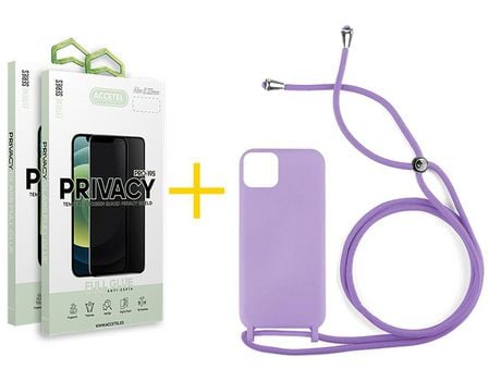 Juego 2 X Película de Vidrio Templado Antiespia + Funda Accetel por Apple iPhone 14 Plus Gel con Cordón Lila