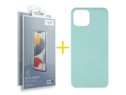 Juego 2 X Película de Vidrio Templado Antiestático + Funda skyhe por Apple iPhone 14 Plus Silicona Líquida Verde-Água