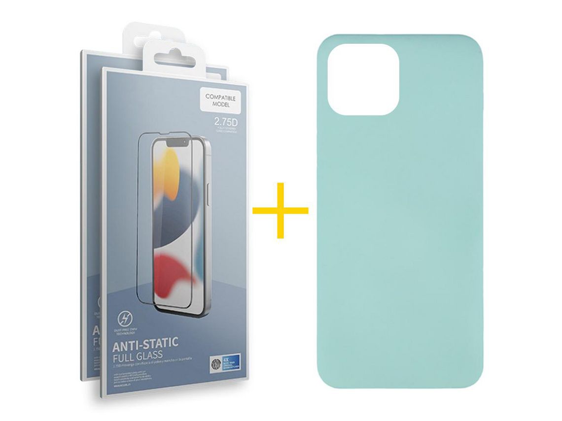Juego 2 X Película de Vidrio Templado Antiestático + Funda skyhe por Apple iPhone 14 Plus Silicona Líquida Verde-Água