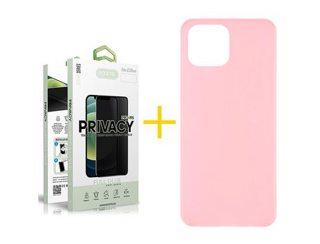 Juego 1 X Película de Vidrio Templado Antiespia y Funda ACCETEL por Apple iPhone 14 Silicona Liso Rosa Pastel