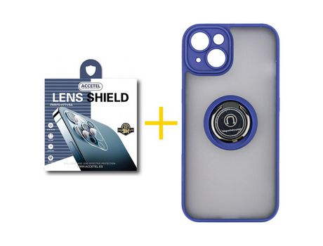 Juego 1 X Película de Cámara trasera + Funda Accetel por Apple iPhone 14 Plus Gel Bumper con Anillo Azul