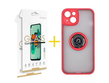 Juego 2 X Película de Vidrio Templado 2.5D y Funda SKYHE por Apple iPhone 14 Gel Bumper con Anillo Rojo