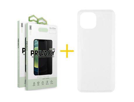 Pack 2 X Película de Vidrio Templado Antiespia + Funda SKYHE por Apple iPhone 15 Silicona Liso Incoloro Clear