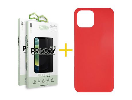 Juego 2 X Película de Vidrio Templado Antiespia + Funda Accetel por Apple iPhone 14 Plus Silicona Líquida Rojo