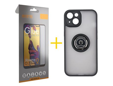 Juego 1 X Película de Vidrio Templado Full y Funda ACCETEL por Apple iPhone 14 Gel Bumper con Anillo Negro