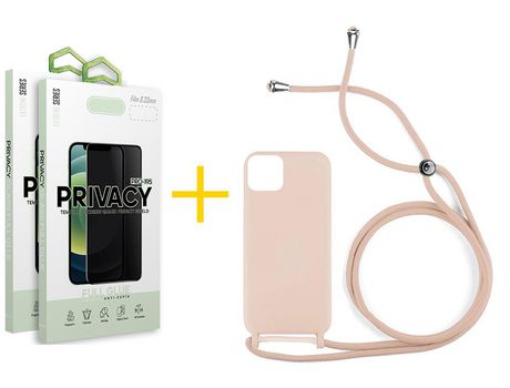 Pack 2 X Película de Vidrio Templado Antiespia + Funda GANDY por Apple iPhone 15 Gel con Cordón Rosa Pastel