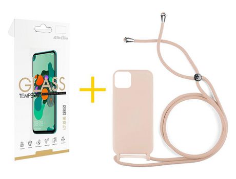 Juego 1 X Película de Vidrio Templado 2.5D y Funda SKYHE por Apple iPhone 14 Gel con Cordón Rosa Pastel