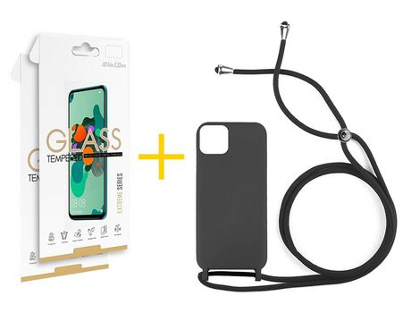 Pack 2 X Película de Vidrio Templado 2.5D + Funda SKYHE por Apple iPhone 15 Pro Max Gel con Cordón Negro