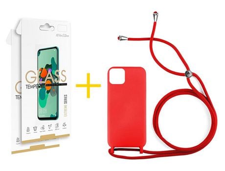 Juego 2 X Película de Vidrio Templado 2.5D + Funda skyhe por Apple iPhone 14 Plus Gel con Cordón Rojo