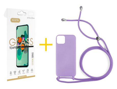 Juego 1 X Película de Vidrio Templado 2.5D y Funda ACCETEL por Apple iPhone 14 Gel con Cordón Lila