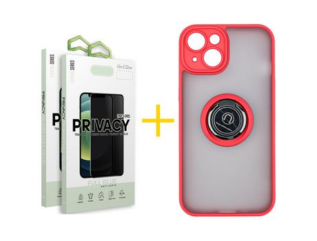 Juego 2 X Película de Vidrio Templado Antiespia y Funda SKYHE por Apple iPhone 14 Gel Bumper con Anillo Rojo