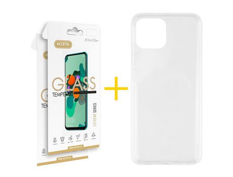 Juego 2 X Película de Vidrio Templado 2.5D y Funda ACCETEL por Apple iPhone 14 Silicona Líquida Incoloro Clear