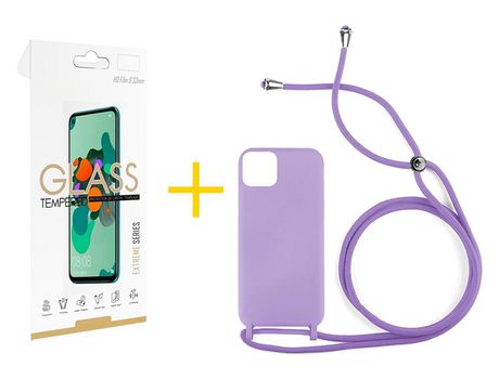 Juego 1 X Película de Vidrio Templado 2.5D + Funda skyhe por Apple iPhone 14 Plus Gel con Cordón Lila