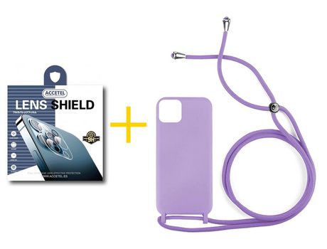 Juego 1 X Película de Cámara trasera y Funda ACCETEL por Apple iPhone 14 Gel con Cordón Lila