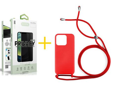 Juego 1 X Película de Vidrio Templado Antiespia + Funda Accetel por Apple iPhone 14 Pro Max Gel con Cordón Rojo