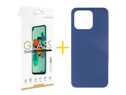 Juego 1 X Película de Vidrio Templado 2.5D + Funda skyhe por Apple iPhone 14 Pro Max Silicona Líquida Azul