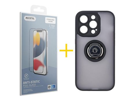 Juego 1 X Película de Vidrio Templado Antiestático + Funda Accetel por Apple iPhone 14 Pro Max Gel Bumper con Anillo Negro