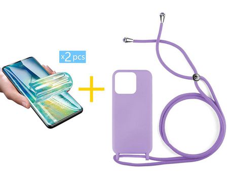 Juego 2 X Película de Vidrio Templado Hidrogel + Funda Accetel por Apple iPhone 14 Pro Gel con Cordón Lila