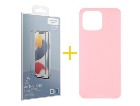 Juego 1 X Película de Vidrio Templado Antiestático + Funda skyhe por Apple iPhone 14 Pro Silicona Liso Rosa