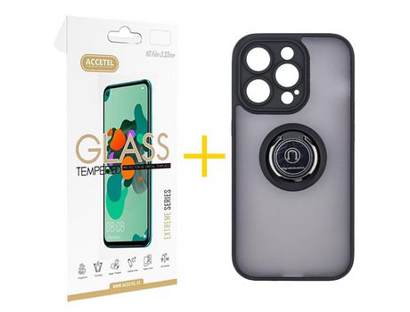Juego 1 X Película de Vidrio Templado 2.5D + Funda Accetel por Apple iPhone 14 Pro Gel Bumper con Anillo Negro