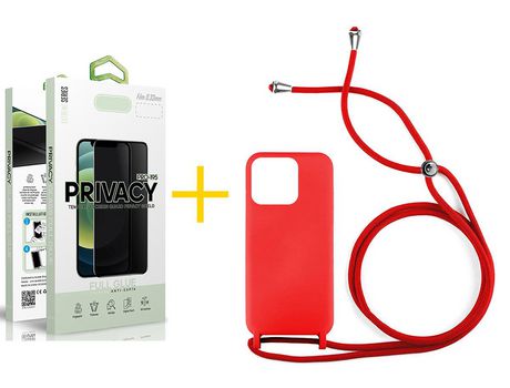 Juego 1 X Película de Vidrio Templado Antiespia + Funda skyhe por Apple iPhone 14 Pro Gel con Cordón Rojo