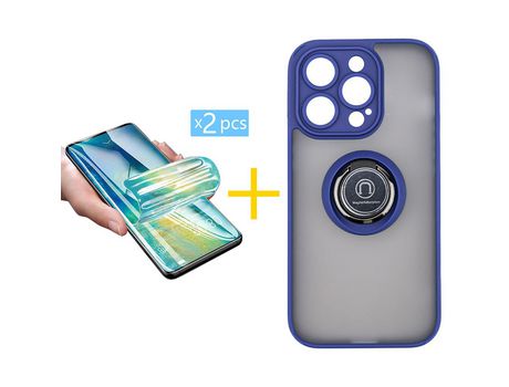 Juego 2 X Película de Vidrio Templado Hidrogel + Funda Accetel por Apple iPhone 14 Pro Gel Bumper con Anillo Azul