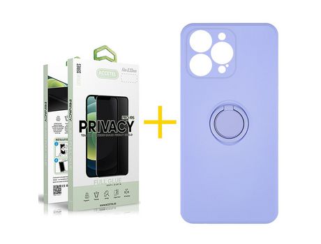 Pack 1 X Película de Vidrio Templado Antiespia + Funda Accetel para iPhone 14 Pro Gel O-Ring Morado