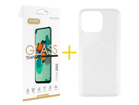 Juego 1 X Película de Vidrio Templado 2.5D + Funda Accetel por Apple iPhone 14 Pro Silicona Líquida Incoloro Clear