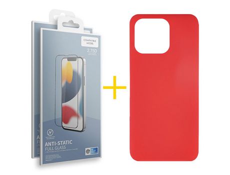 Juego 2 X Película de Vidrio Templado Antiestático + Funda skyhe por Apple iPhone 14 Pro Max Silicona Líquida Rojo