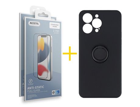 Juego 2 X Película de Vidrio Templado Antiestático + Funda Accetel por Apple iPhone 14 Pro Gel O-Ring Negro