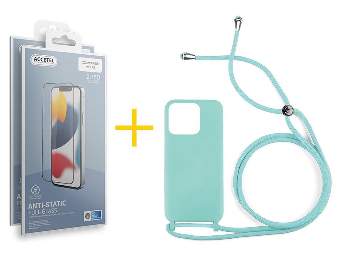 Juego 2 X Película de Vidrio Templado Antiestático + Funda Accetel por Apple iPhone 14 Pro Max Gel con Cordón Agua Verde