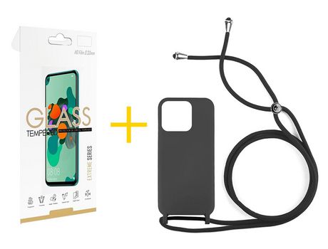 Juego 1 X Película de Vidrio Templado 2.5D + Funda skyhe por Apple iPhone 14 Pro Gel con Cordón Negro