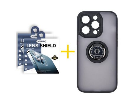 Juego 2 X Película de Cámara trasera + Funda Accetel por Apple iPhone 14 Pro Gel Bumper con Anillo Negro