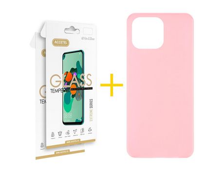 Juego 2 X Película de Vidrio Templado 2.5D + Funda Accetel por Apple iPhone 14 Pro Max Silicona Liso Rosa