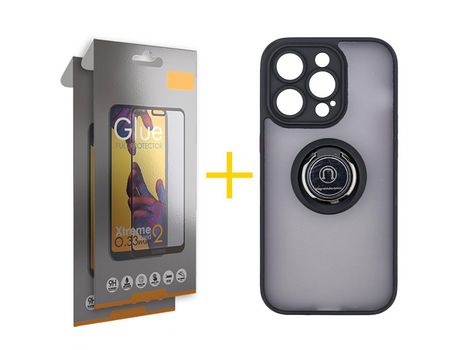 Juego 2 X Película de Vidrio Templado Full + Funda skyhe por Apple iPhone 14 Pro Max Gel Bumper con Anillo Negro