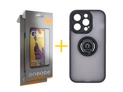 Juego 2 X Película de Vidrio Templado Full + Funda skyhe por Apple iPhone 14 Pro Max Gel Bumper con Anillo Negro