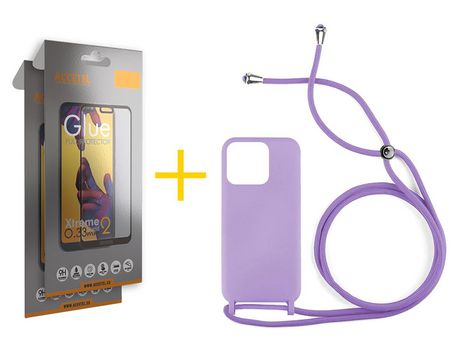 Juego 2 X Película de Vidrio Templado Full + Funda Accetel por Apple iPhone 14 Pro Gel con Cordón Lila