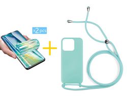 Juego 2 X Película de Vidrio Templado Hidrogel + Funda skyhe por Apple iPhone 14 Pro Max Gel con Cordón Agua Verde