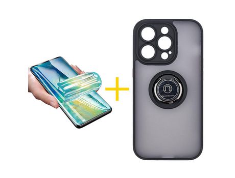 Juego 1 X Película de Vidrio Templado Hidrogel + Funda Accetel por Apple iPhone 14 Pro Gel Bumper con Anillo Negro