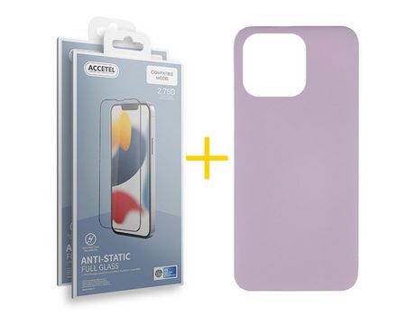 Pack 2 X Película de Vidrio Templado Antiestático + Funda Accetel para iPhone 14 Pro Silicona Líquida Morado