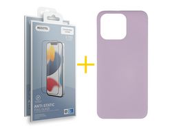 Pack 2 X Película de Vidrio Templado Antiestático + Funda Accetel para iPhone 14 Pro Max Silicona Líquida Morado