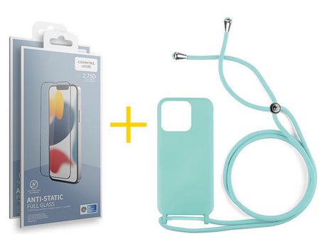 Juego 2 X Película de Vidrio Templado Antiestático + Funda skyhe por Apple iPhone 14 Pro Gel con Cordón Agua Verde