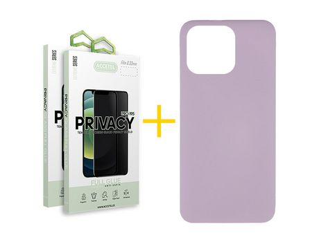 Pack 2 X Película de Vidrio Templado Antiespia + Funda Accetel para iPhone 14 Pro Silicona Líquida Morado