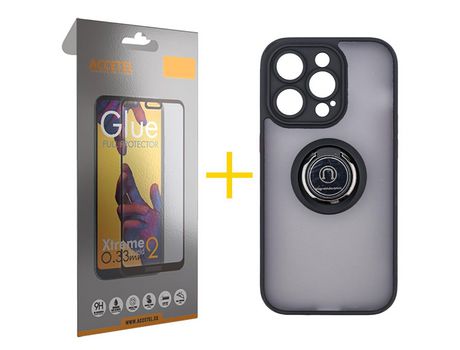 Juego 1 X Película de Vidrio Templado Full + Funda Accetel por Apple iPhone 14 Pro Max Gel Bumper con Anillo Negro