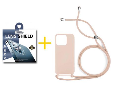 Juego 1 X Película de Cámara trasera + Funda Accetel por Apple iPhone 14 Pro Gel con Cordón Rosa Pastel