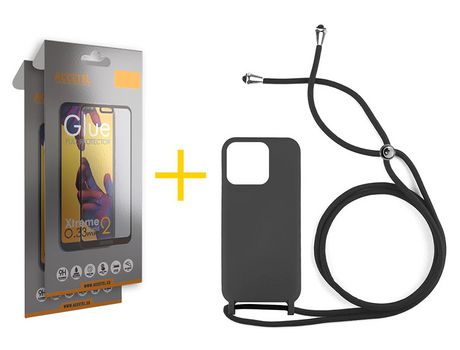 Juego 2 X Película de Vidrio Templado Full + Funda Accetel por Apple iPhone 14 Pro Gel con Cordón Negro