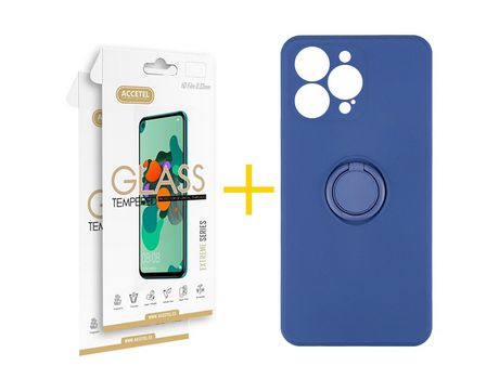 Juego 2 X Película de Vidrio Templado 2.5D + Funda Accetel por Apple iPhone 14 Pro Gel O-Ring Azul