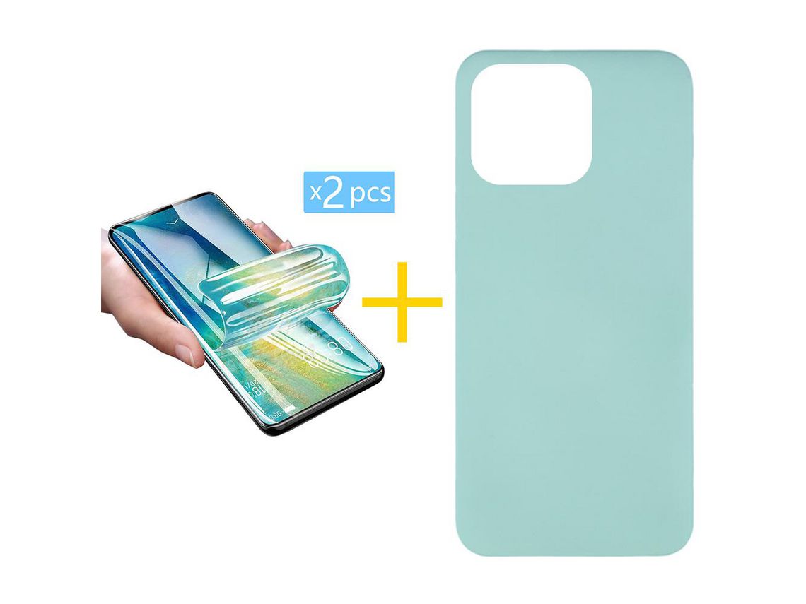 Juego 2 X Película de Vidrio Templado Hidrogel + Funda skyhe por Apple iPhone 14 Pro Silicona Líquida Verde-Água