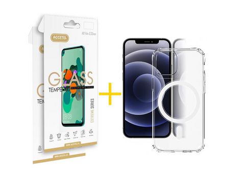 Juego 2 X Película de Vidrio Templado 2.5D + Funda Accetel por Apple iPhone 14 Pro Compatible con Magsafe Magnético Incoloro Clear