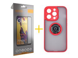 Juego 1 X Película de Vidrio Templado Full + Funda Accetel por Apple iPhone 14 Pro Max Gel Bumper con Anillo Rojo
